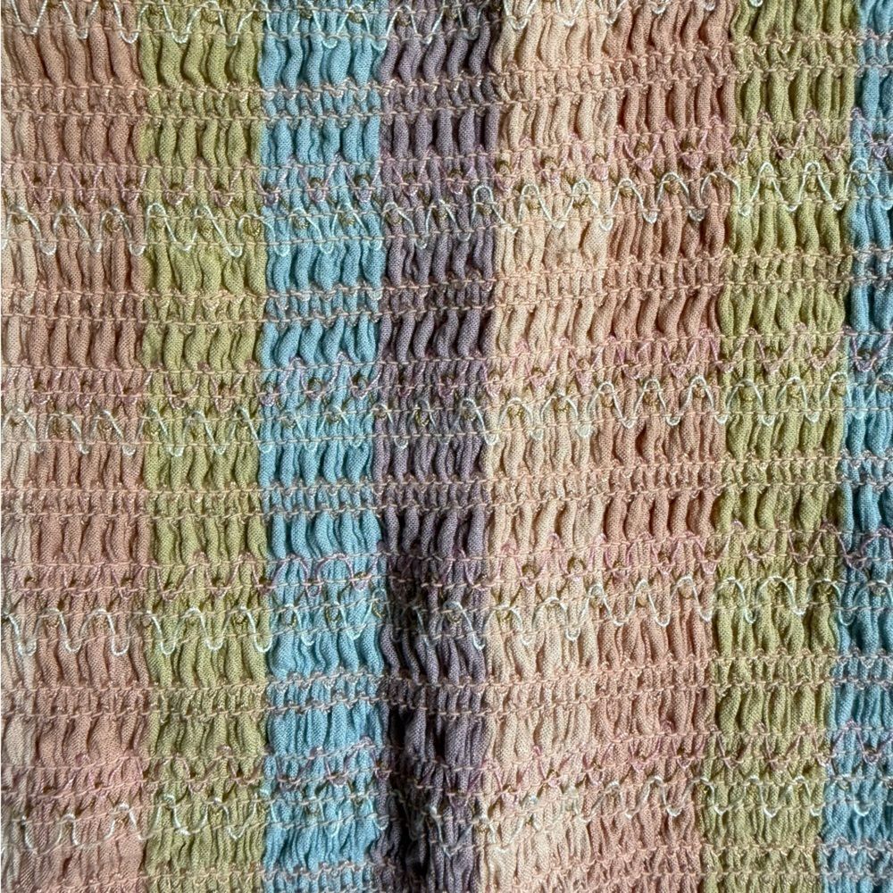 Small American Eagle Smocked BodyCon Dress with Ruffle Hem Multicolor Pastel - Picture 6 of 10